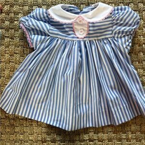 The Beaufort Bonnet Company Blue and White Striped Dress with Pink Trim